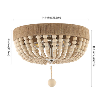 Justina Wood Bead 14" Farmhouse Bohemian Iron LED Flush Mount - JONATHAN Y